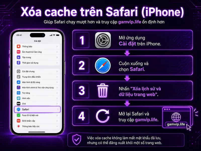 Hướng dẫn xóa cache trên Safari iPhone để truy cập Gamvip ổn định hơn