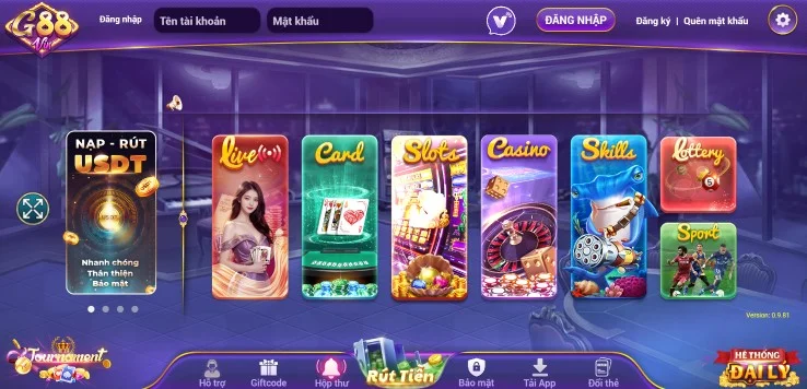 Giao diện Gamvip G88 với nút Tải App trên trang chính