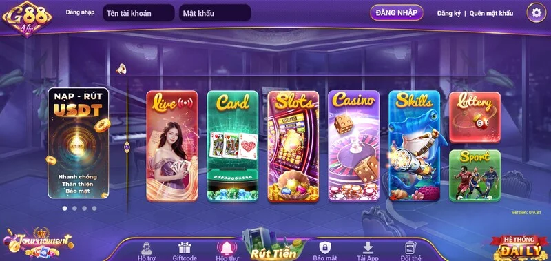 Giao diện Gamvip G88 với khu vực đăng nhập và các chuyên mục trò chơi