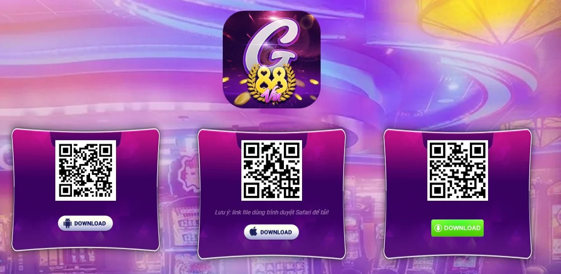 Giao diện tải app Gamvip G88 với mã QR và nút download cho Android iOS PC