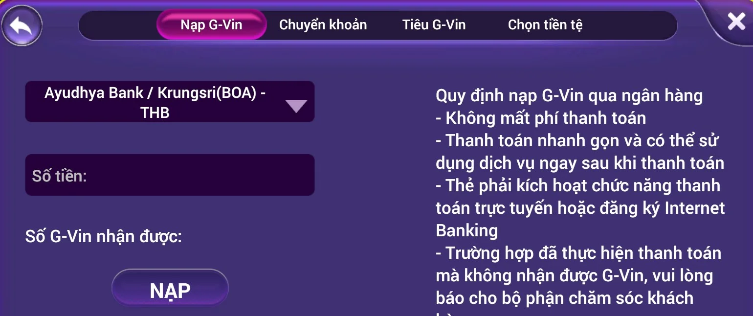 Nạp tiền Gamvip qua ngân hàng Thái
