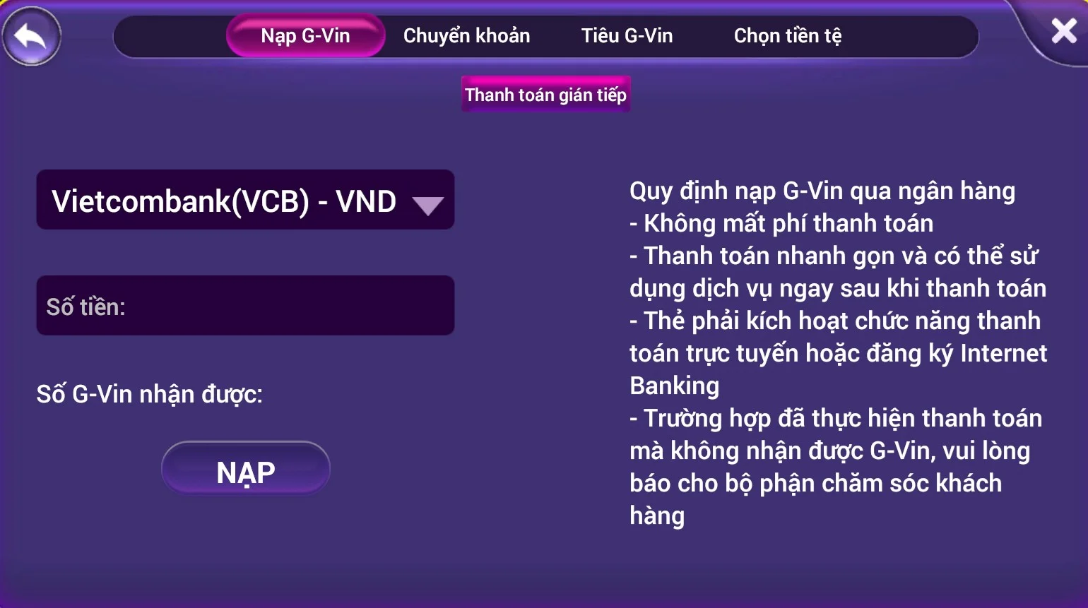 Nạp tiền Gamvip qua ngân hàng Việt Nam