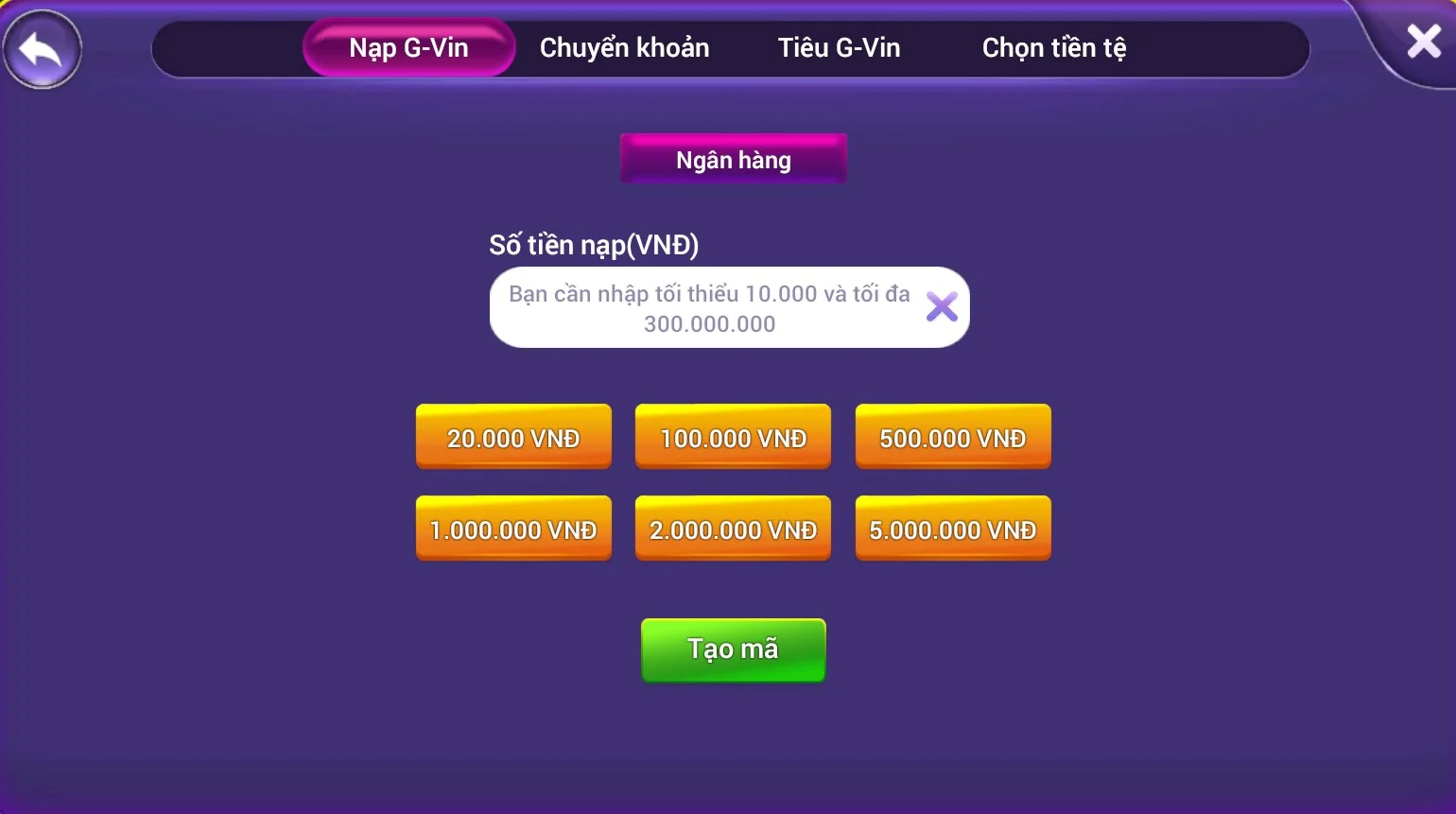 Tạo mã QR nạp tiền Gamvip