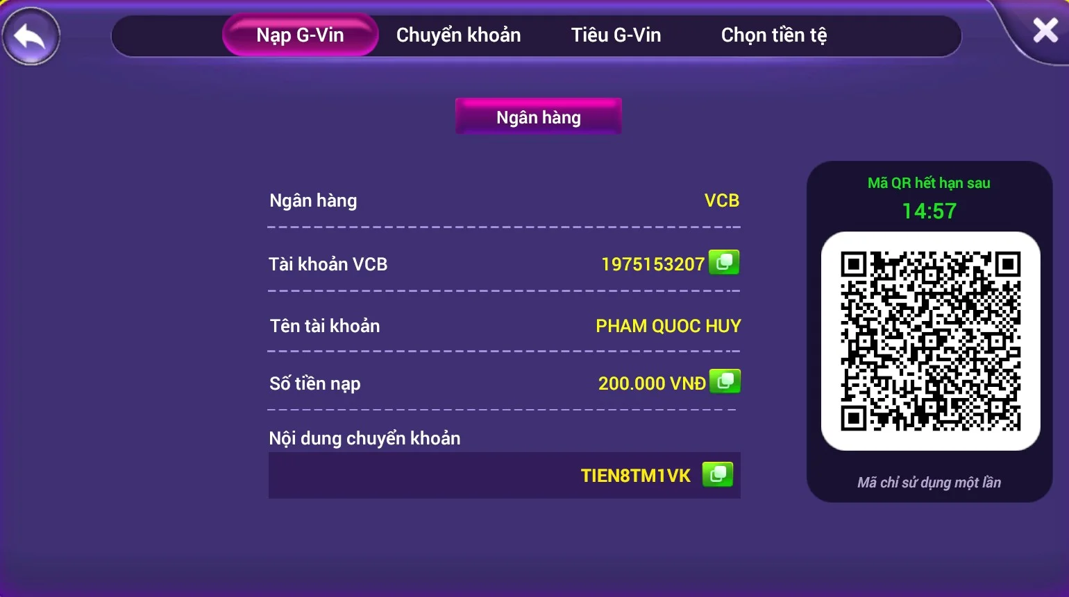 Mã QR chuyển khoản Gamvip