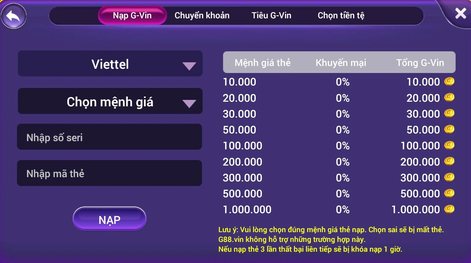 Nạp thẻ cào điện thoại vào Gamvip