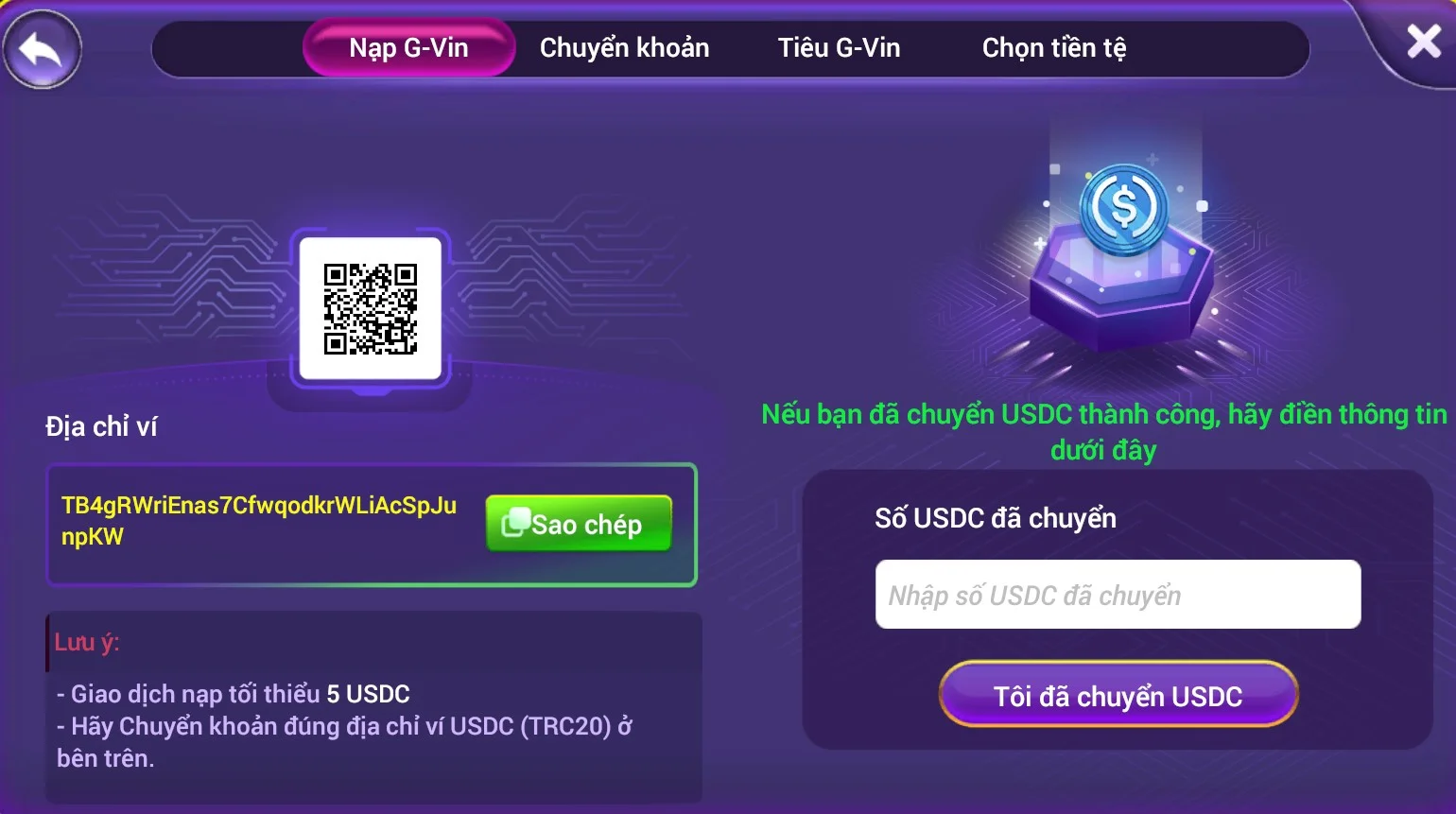 Nạp USDC vào Gamvip