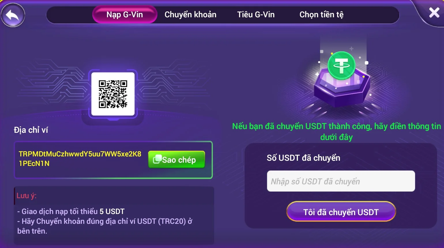 Nạp USDT vào Gamvip