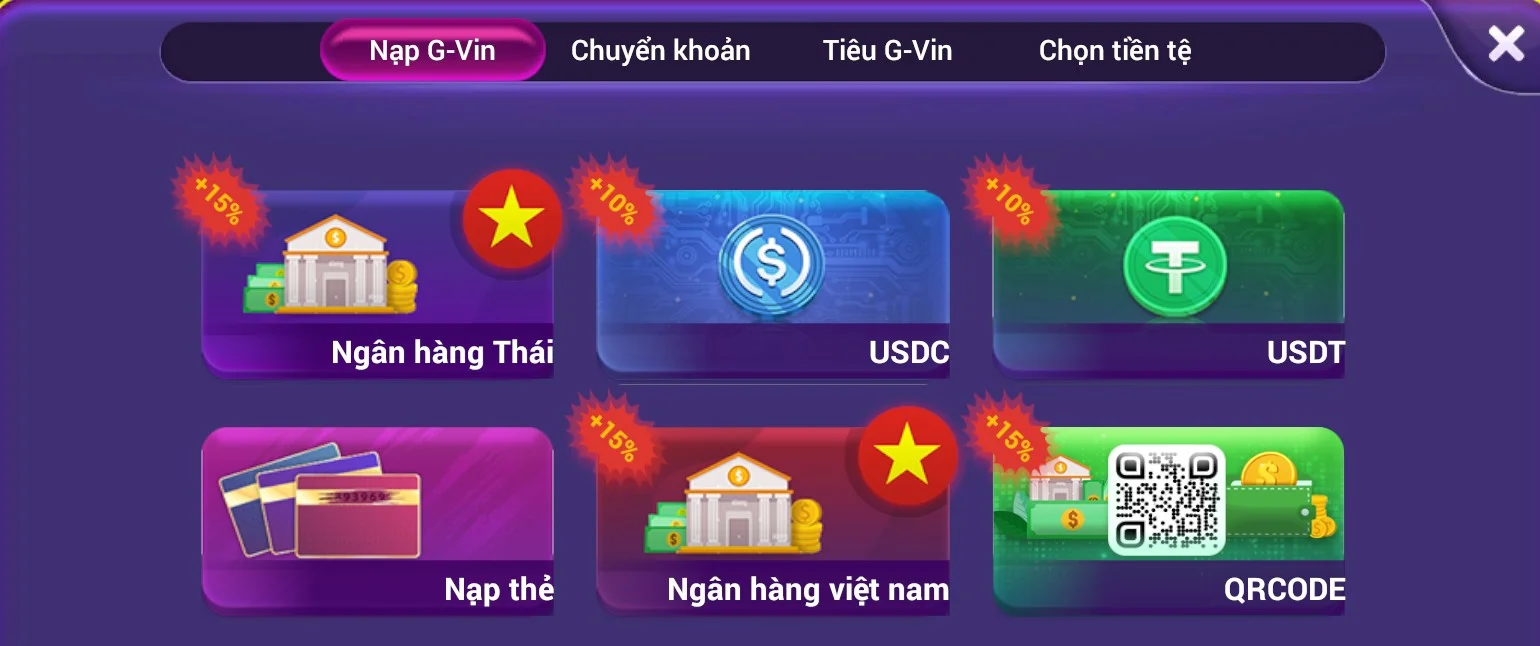 Các hình thức nạp tiền G-Vin trên Gamvip