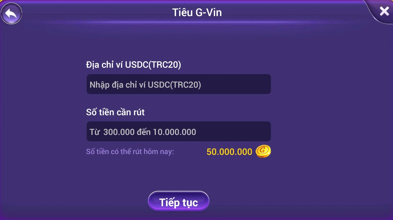 Rút tiền USDC Gamvip