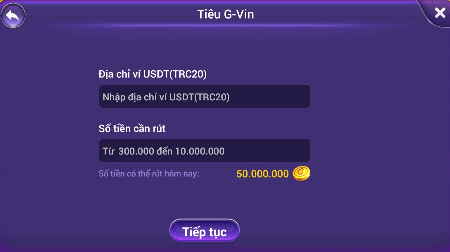 Rút tiền USDT Gamvip